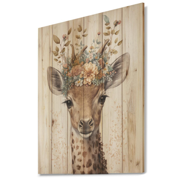 Zoomie Kids Cute Baby Giraffe With Floral Crown II On Wood Print Wayfair Canada